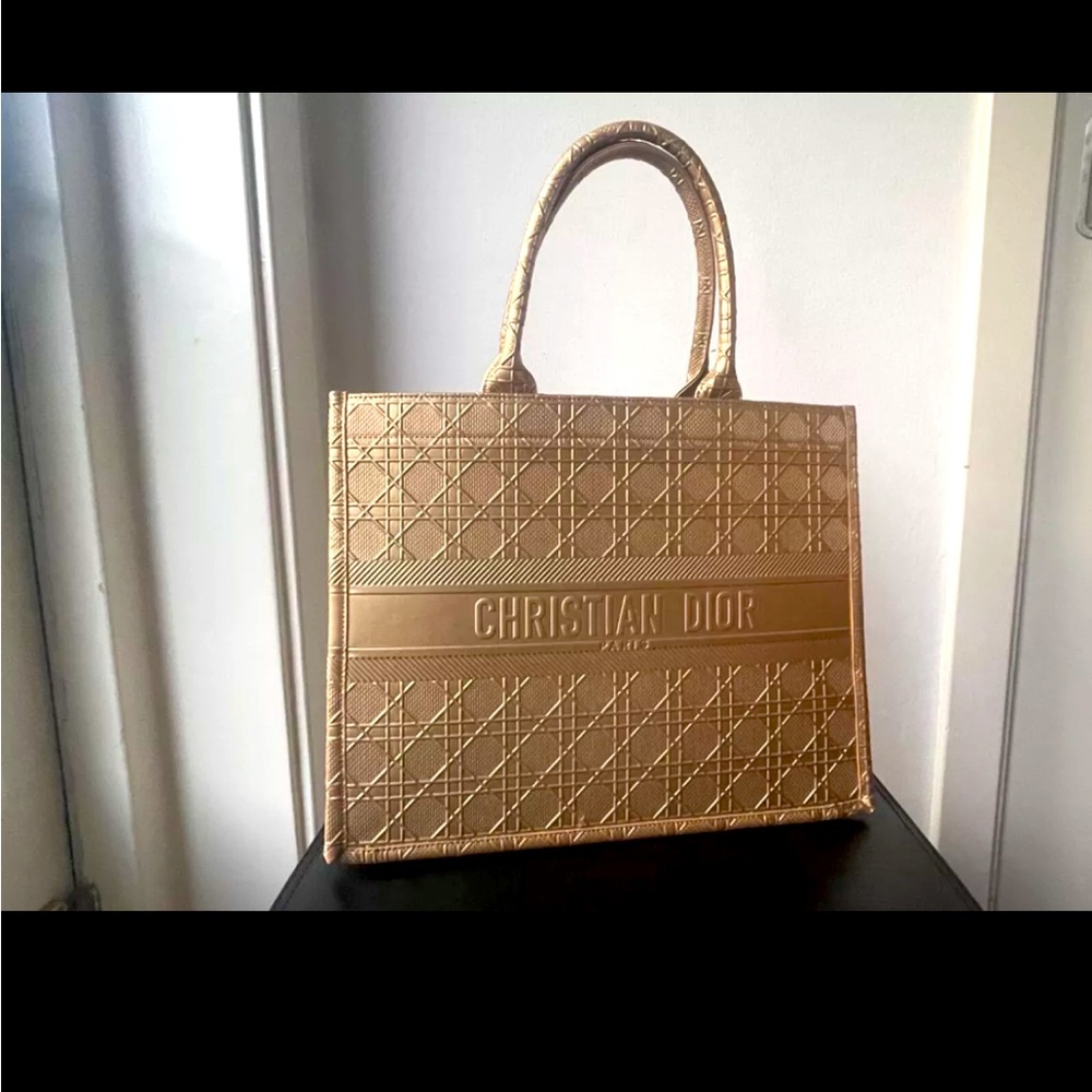 Rare Authentic Christian Dior Book Tote Big Size Handbag Golden Canvas